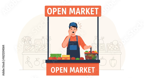 Astonished Vendor At The Open Market Fresh Products From Local Farms