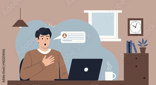 Astonished Man Receiving Unexpected Social Media Message On Laptop At Home