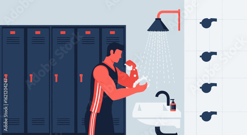 Athlete Cleansing Hands After Training In A Modern Locker Room Setting