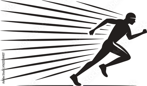 Dynamic black silhouette of a sprinter in motion depicting speed and energy against a white background representing athletics and competition