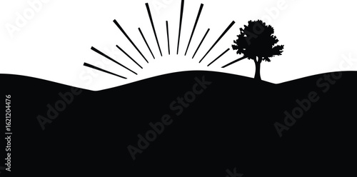 Minimalist black and white sunrise landscape silhouette with tree on hilltop depicting nature beauty and serenity