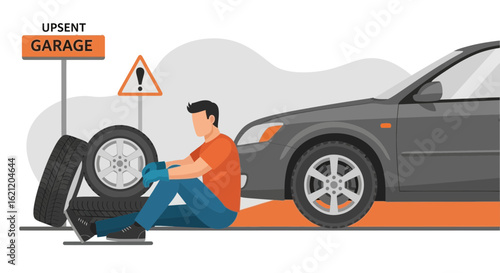 Automotive Repair Scene Depicting a Mechanic Working on a Car Wheels