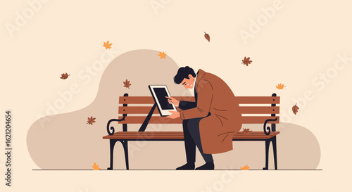 Autumn Day Digital Nomad Working Remotely With Tablet In Minimalist Park Scene