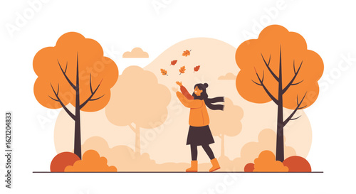 Autumnal Woman With Fallen Leaves In Nature Scene Illustration Design