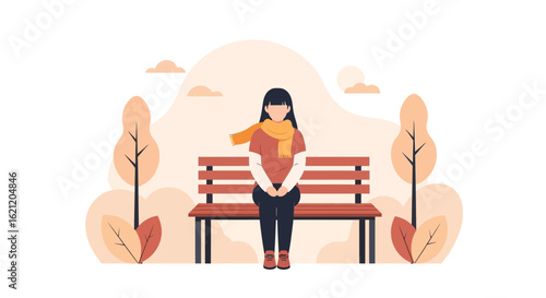 Autumnal Solitude A Woman Sits On A Bench Enjoying The Serene Nature Scenery