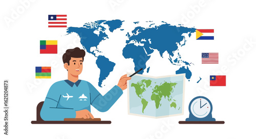 Aviation professional pointing at a map of the world surrounded by flags, conveying global travel and time zones