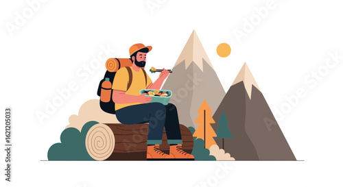 Backpacker Taking Lunch Break Atop Log With Mountain Vista Scenery