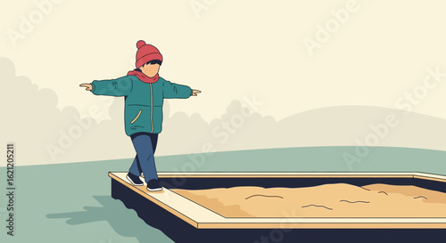 Balancing Act A Young Boy On a Sandbox In An Outdoor Environment
