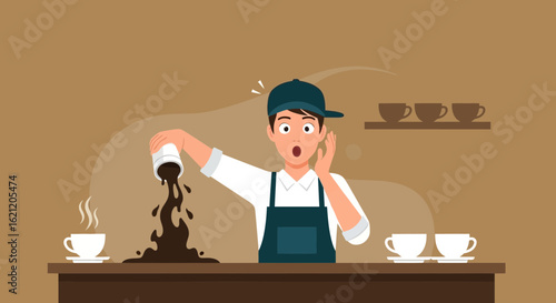 Barista spills coffee in a comical mishap at the cafe counter causing chaos