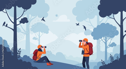 Birdwatchers enjoying the tranquility of nature and their mutual hobby together in a scenic forest landscape