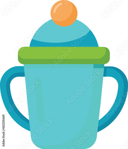 Blue sippy cup with orange top and green accent