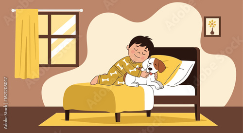 Boy Adorably Hugging His Dog Before Bedtime With Affection And Tenderness