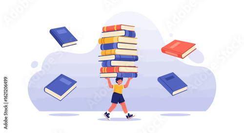 Boy Carrying Stack Of Books For Education And Knowledge Exploration Vector Illustration