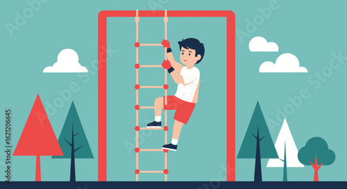 Boy climbing rope ladder in park illustration showcases playful outdoor activity