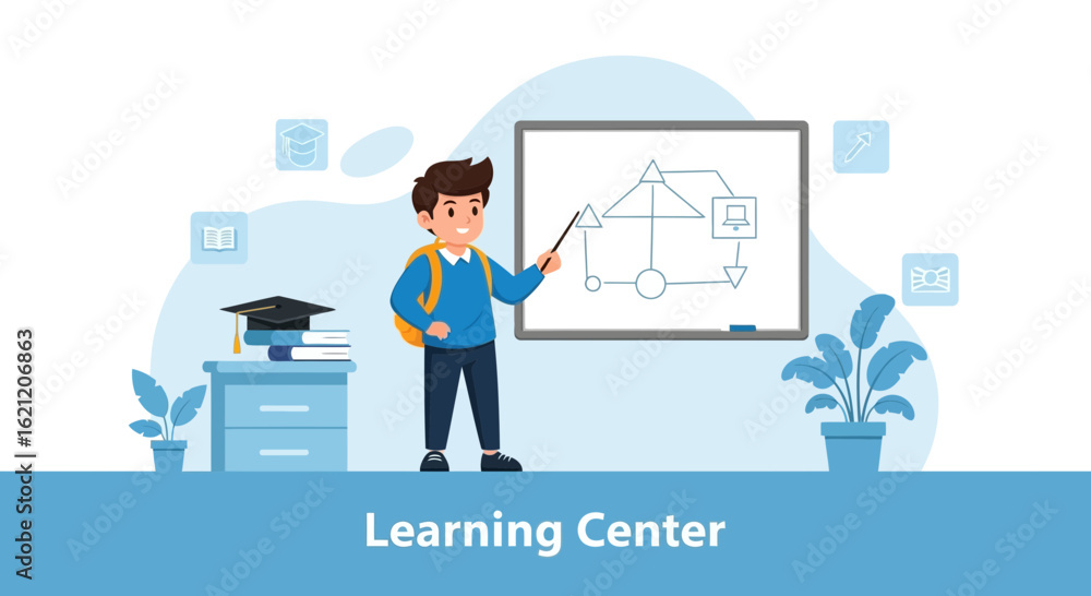 Fototapeta premium Boy Demonstrating Educational Concept On Whiteboard In Classroom Illustration