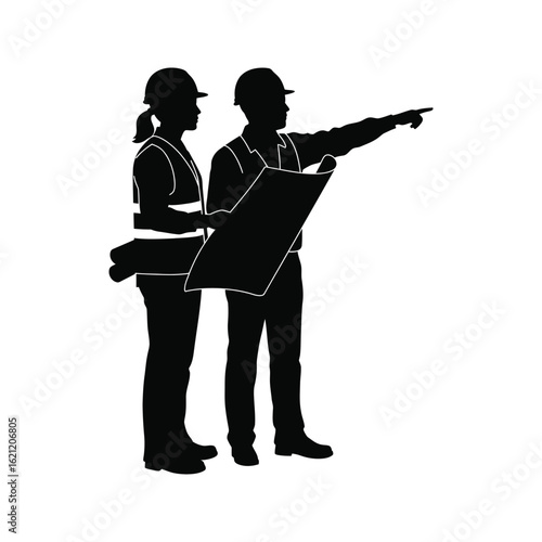 Silhouette of two engineers reviewing blueprints pointing at a construction site