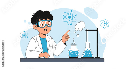 Boy Conducting Scientific Experiment in Laboratory with Goggles and Beakers