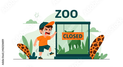 Boy Crying In Front Of Closed Zoo Animal Enclosure Illustration