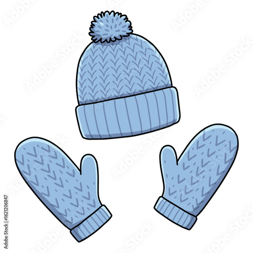 Blue winter knit set with warm hat and mittens