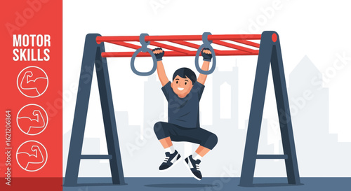 Boy Develops Upper Body Strength By Playing On Monkey Bars Equipment