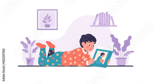 Boy Engrossed In Book At Home In Comfortable Relaxed Position