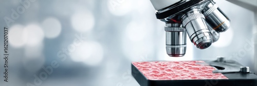 Microscope Examining Skin Tissue Sample With Blurred Lab Background for Scientific Analysis and Research