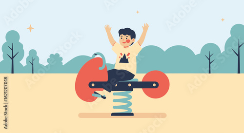 Boy Enjoying A Spring Rider In The Playground On A Sunny Day Vector Illustration