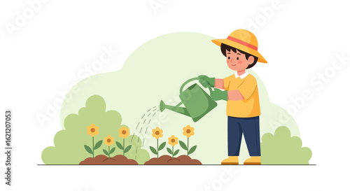 Boy Enjoying Gardening Watering Yellow Sunflowers In Garden Summer Fun