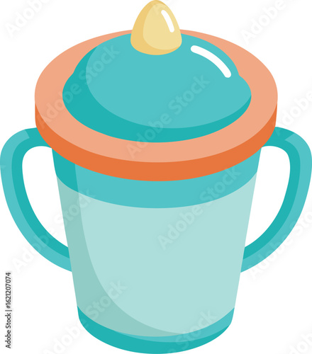 Cute teal sippy cup with orange rim and yellow spout