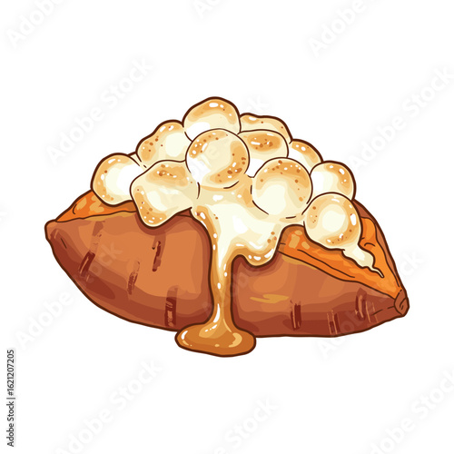 Baked sweet potato with melted marshmallows on top - delicious dessert treat