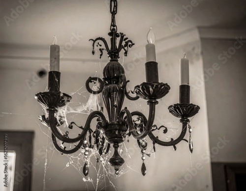 Ornate Metal Chandelier with Cobwebs in a Decaying Interior Setting in Sepia