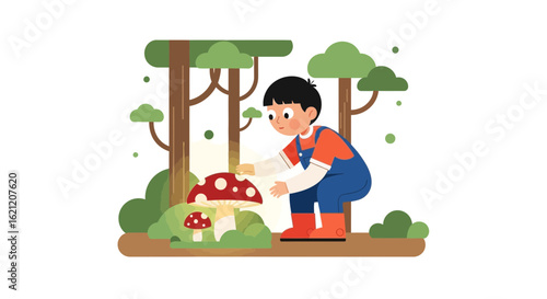 Boy explores the forest, fascinated by a large mushroom with bright spots, discovering nature's wonders