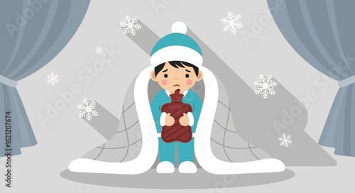 Boy Feeling Cold Cartoon Character Holding Hot Water Bottle On Winter Day