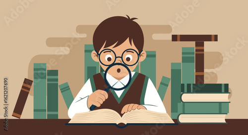 Boy Exploring Knowledge With Magnifying Glass Between Stacked Books Illustration