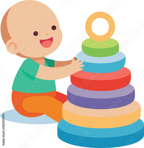 Happy baby playing with a colorful stacking toy