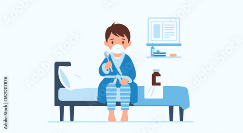 Boy Feeling Sick Sitting On The Bed With Spoon Wearing Mask And Robe