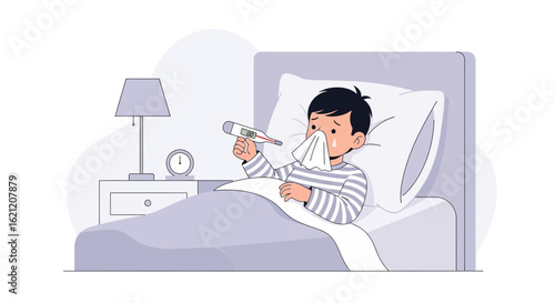 Boy Feeling Sick With Thermometer, Having Flu and Cold Illness In Bed