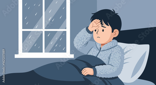 Boy Feeling Sick with Cold or Flu at Home on a Rainy Day