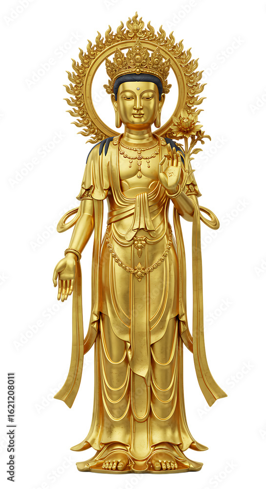 Obraz premium Golden Buddha Statue Holding Lotus on Isolated Transparent Background