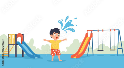 Boy gets splashed with water at a playground with slides and swings for kids enjoying fun recreation activity at the playground