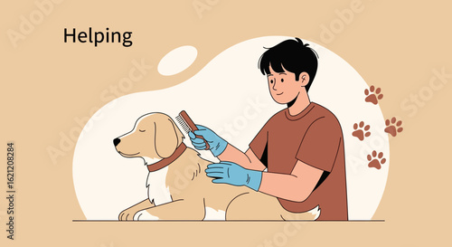 Boy Grooming Relaxed Dog Bonding Over Gentle Brushing Session At Home