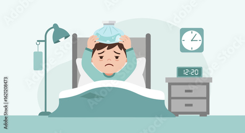 Boy In Bed With Cold Pack Feeling Sick At Home
