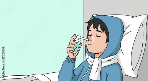 Boy In Bed Uses Nasal Spray To Relieve Congestion During Common Cold