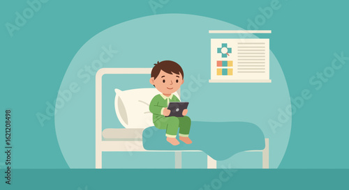 Boy In Hospital Bed Using Tablet For Entertainment And Connected Healthcare