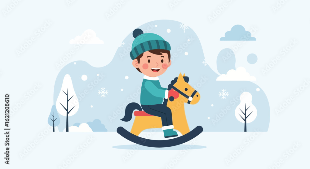 Obraz premium Boy In Winter Clothes Rides A Rocking Horse Among Snowflakes Falling