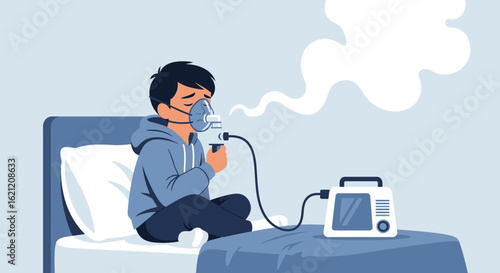 Boy Inhaling Medication From Nebulizer Treatment For Respiratory Illness In Bedroom