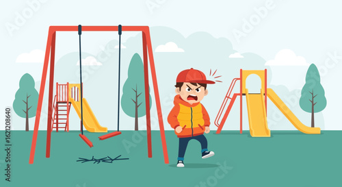 Boy Is Angry Because He Has Broken The Swing In The Playground
