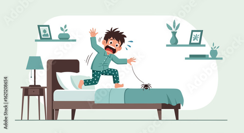 Boy Jumps from Bed Encountering Unwanted Spider Guest in Room