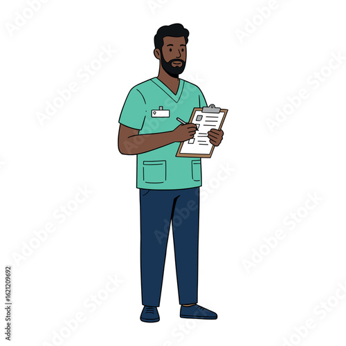 African male nurse with clipboard in scrubs standing and writing notes