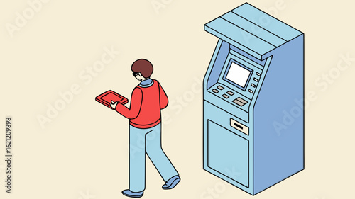 Man using tablet near atm machine for banking transactions financial technology and digital payment system access